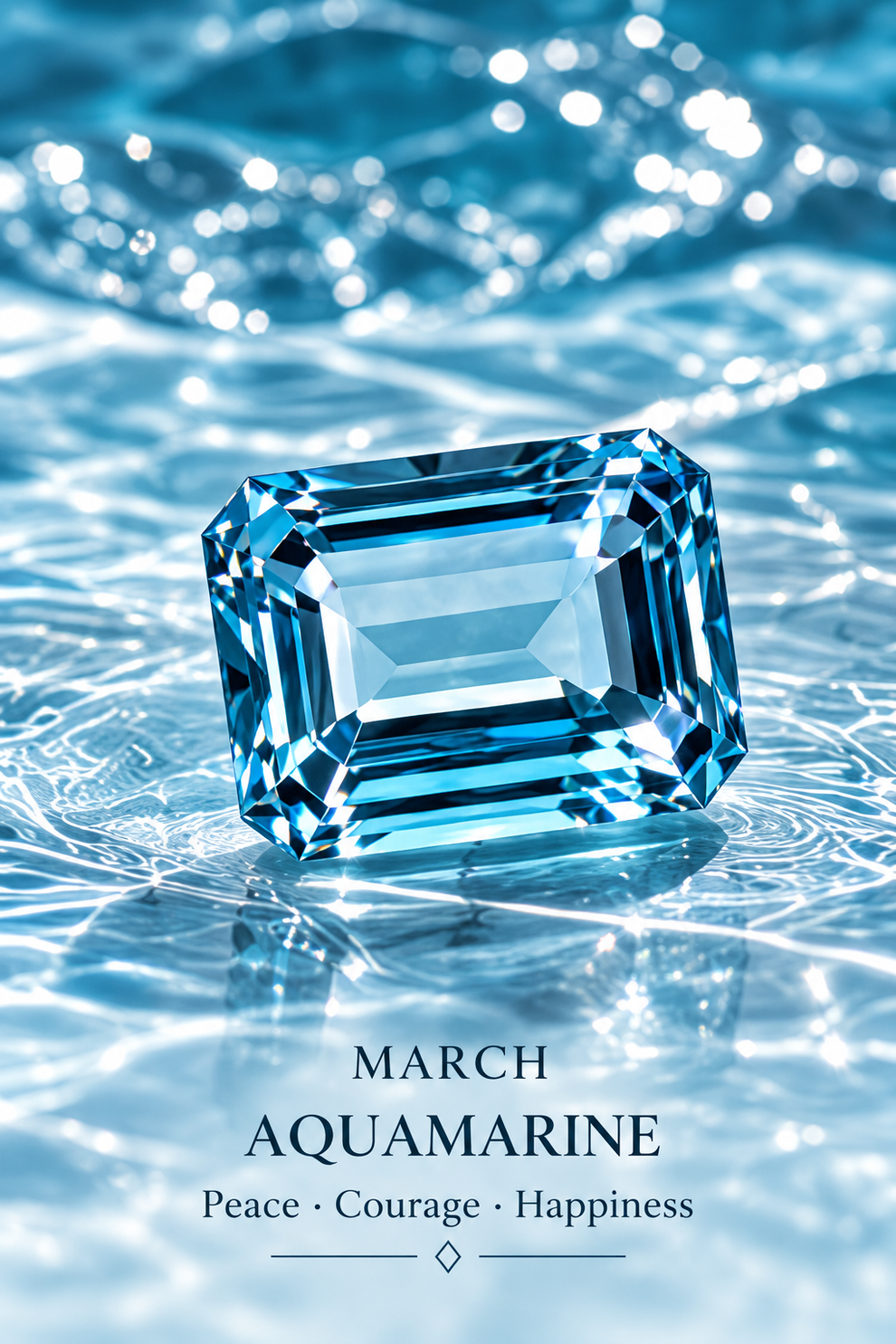 March — aquamarine; birthstone editorial illustration, not inventory