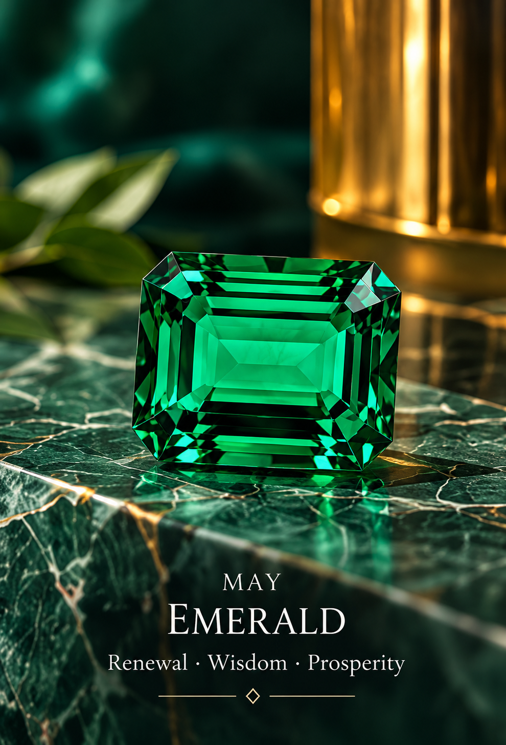 May — emerald; birthstone editorial illustration, not inventory