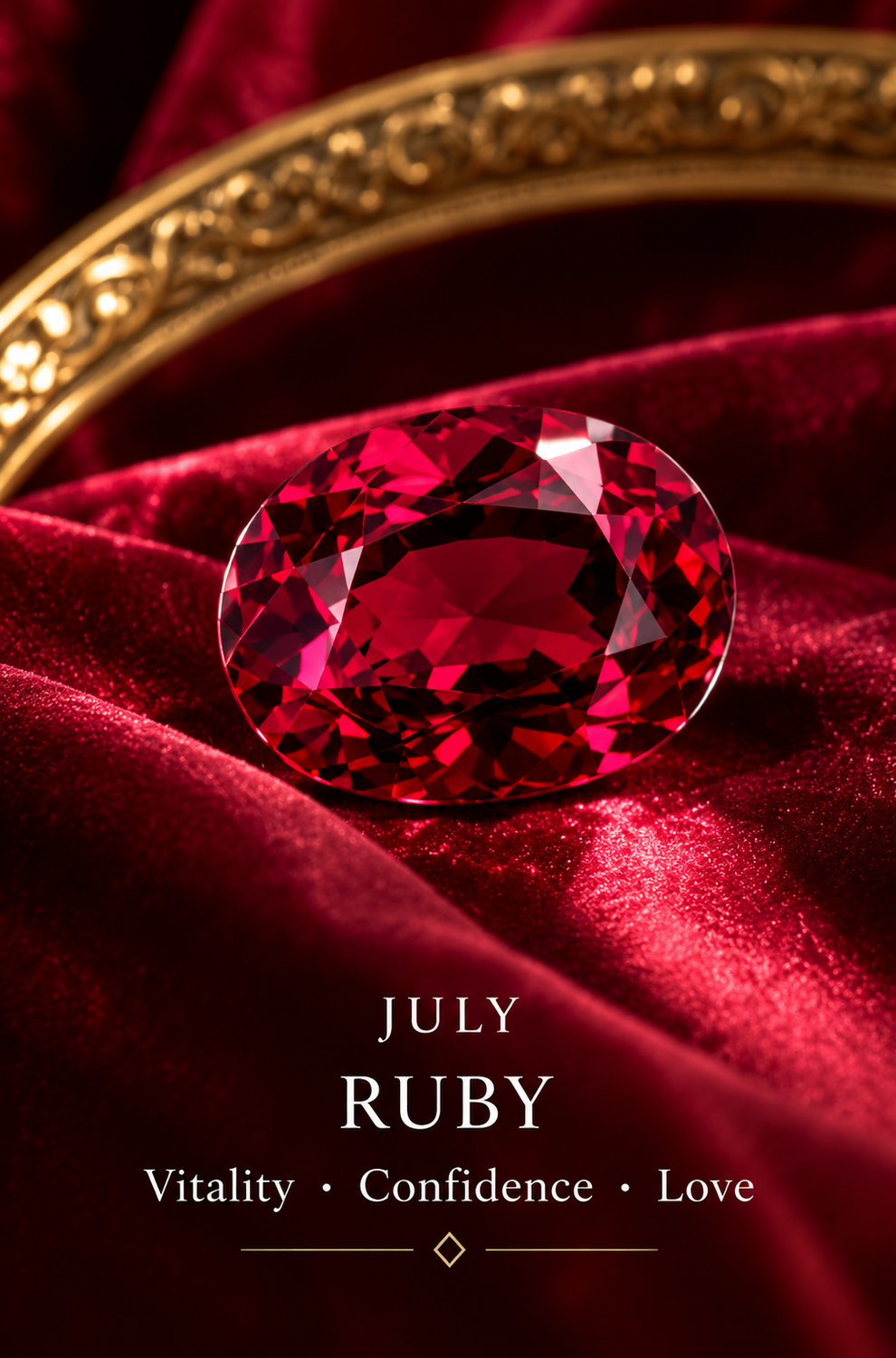 July — ruby; birthstone editorial illustration, not inventory