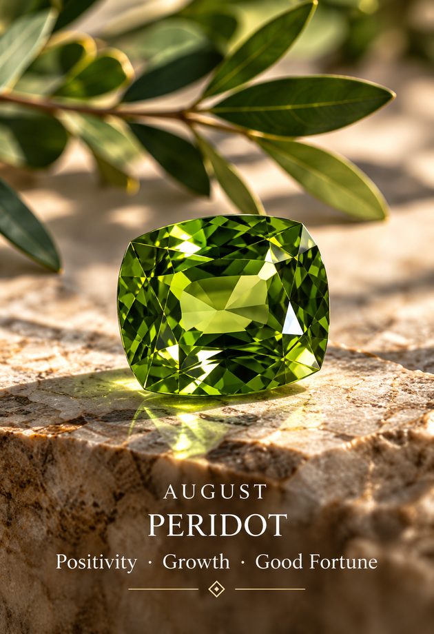 August — peridot; birthstone editorial illustration, not inventory