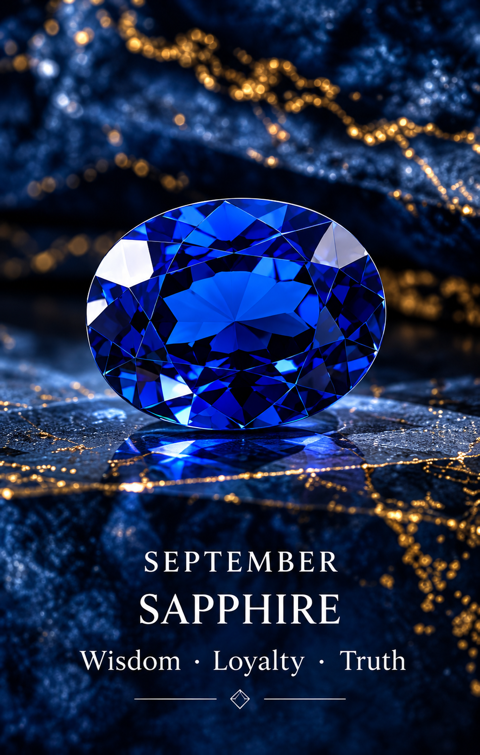 September — sapphire; birthstone editorial illustration, not inventory