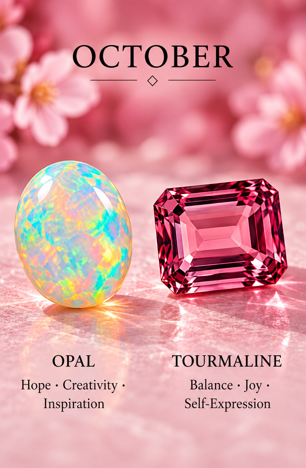 October — opal and tourmaline; birthstone editorial illustration, not inventory