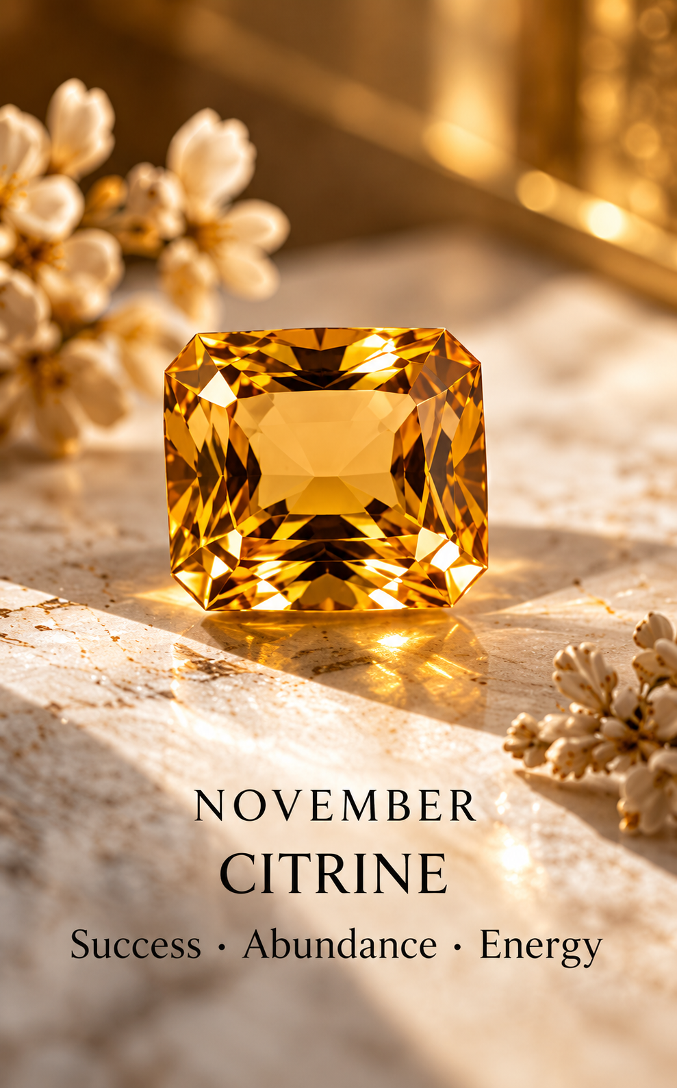 November — citrine; birthstone editorial illustration, not inventory