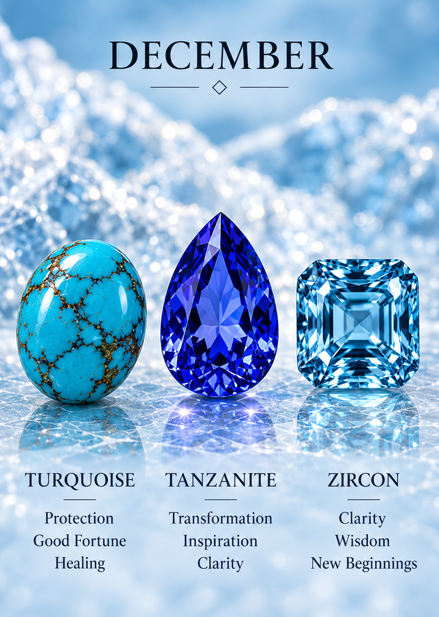 December — turquoise, tanzanite and zircon; birthstone editorial illustration, not inventory