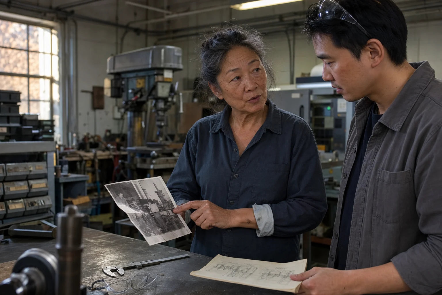 A fictional founder sharing an early company photograph in her working factory