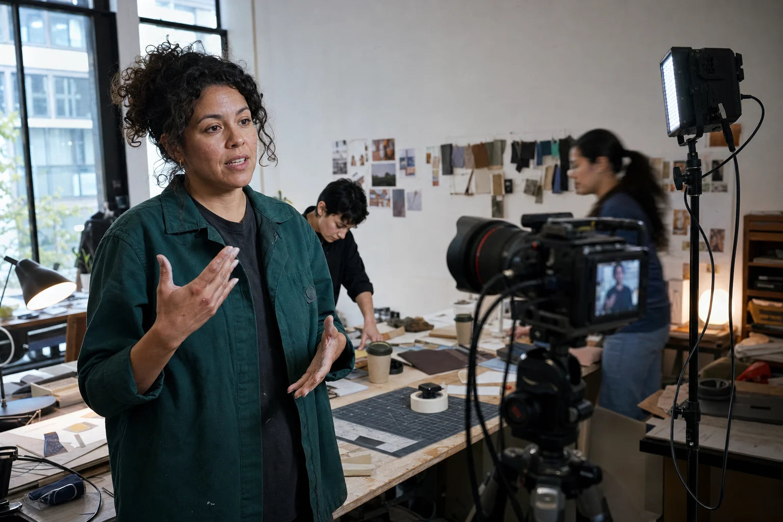 A fictional founder recording a campaign film inside her working studio