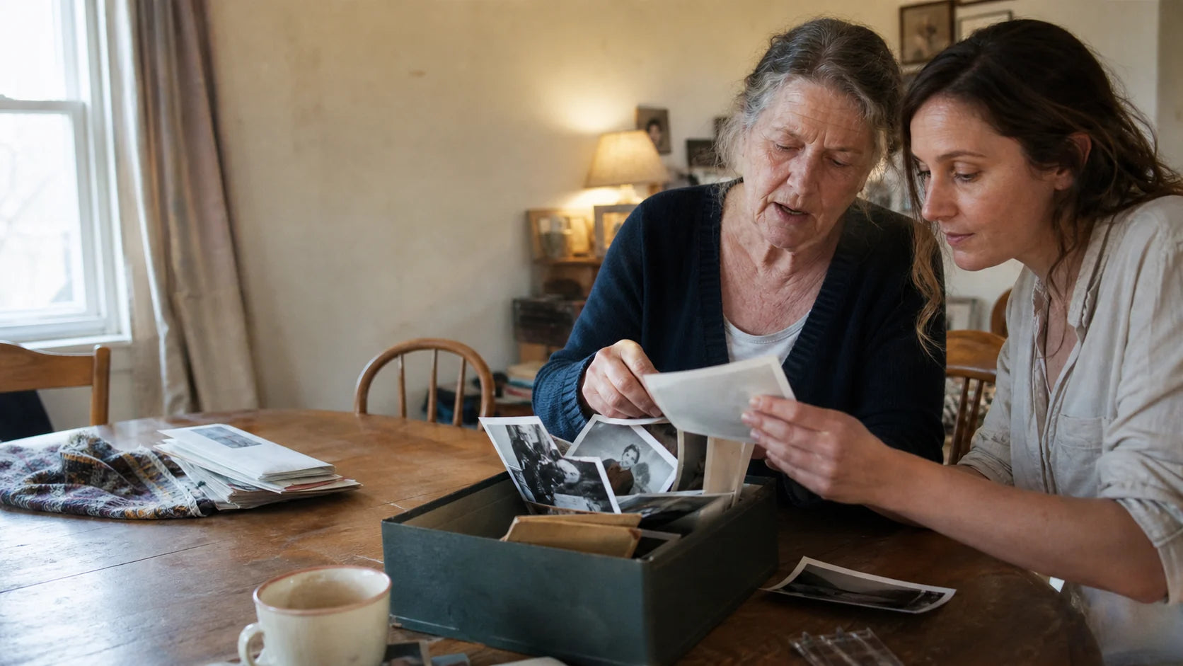 A fictional mother and adult daughter sorting family photographs at home