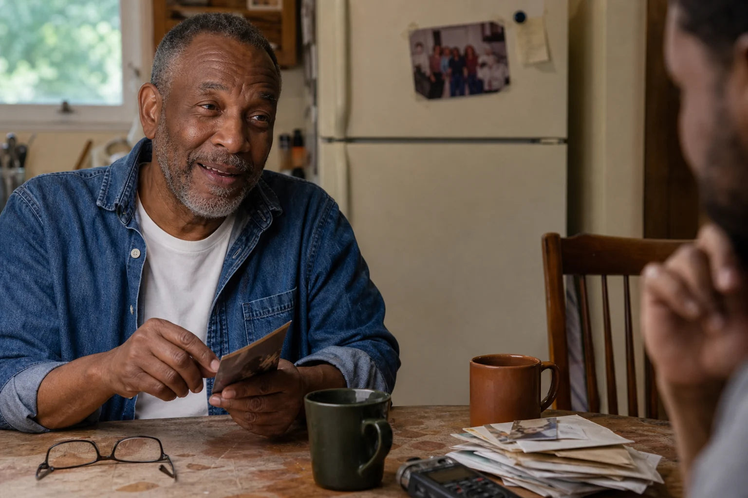 A fictional man sharing an old photograph during a life-story interview