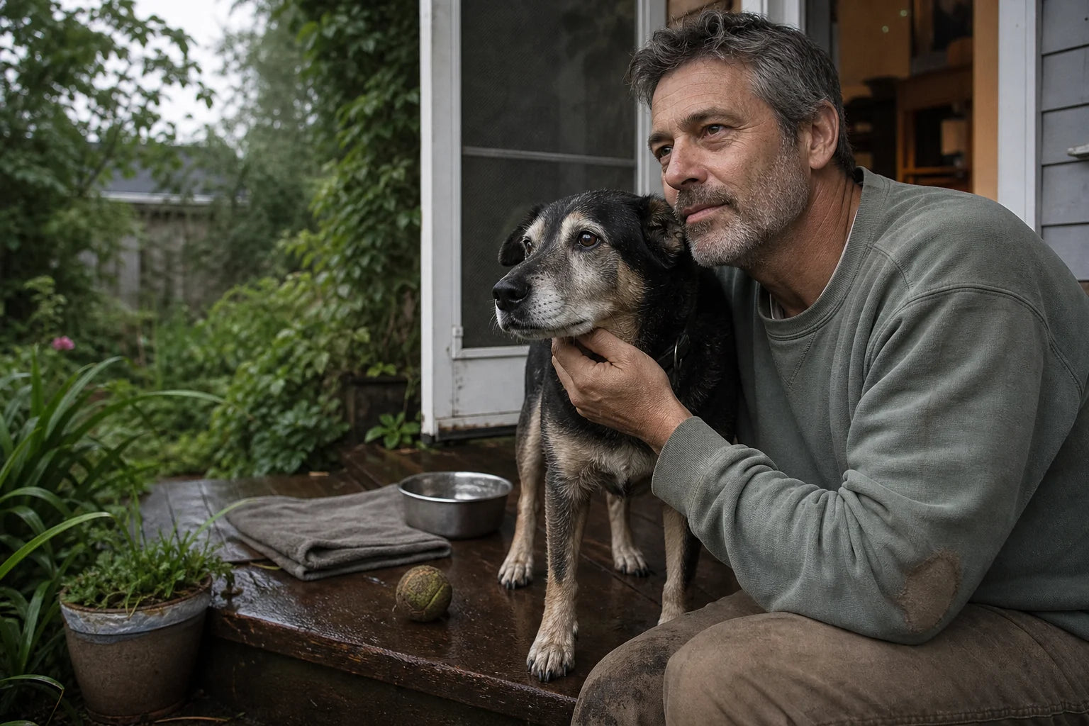 A fictional owner sharing a quiet everyday moment with his senior dog