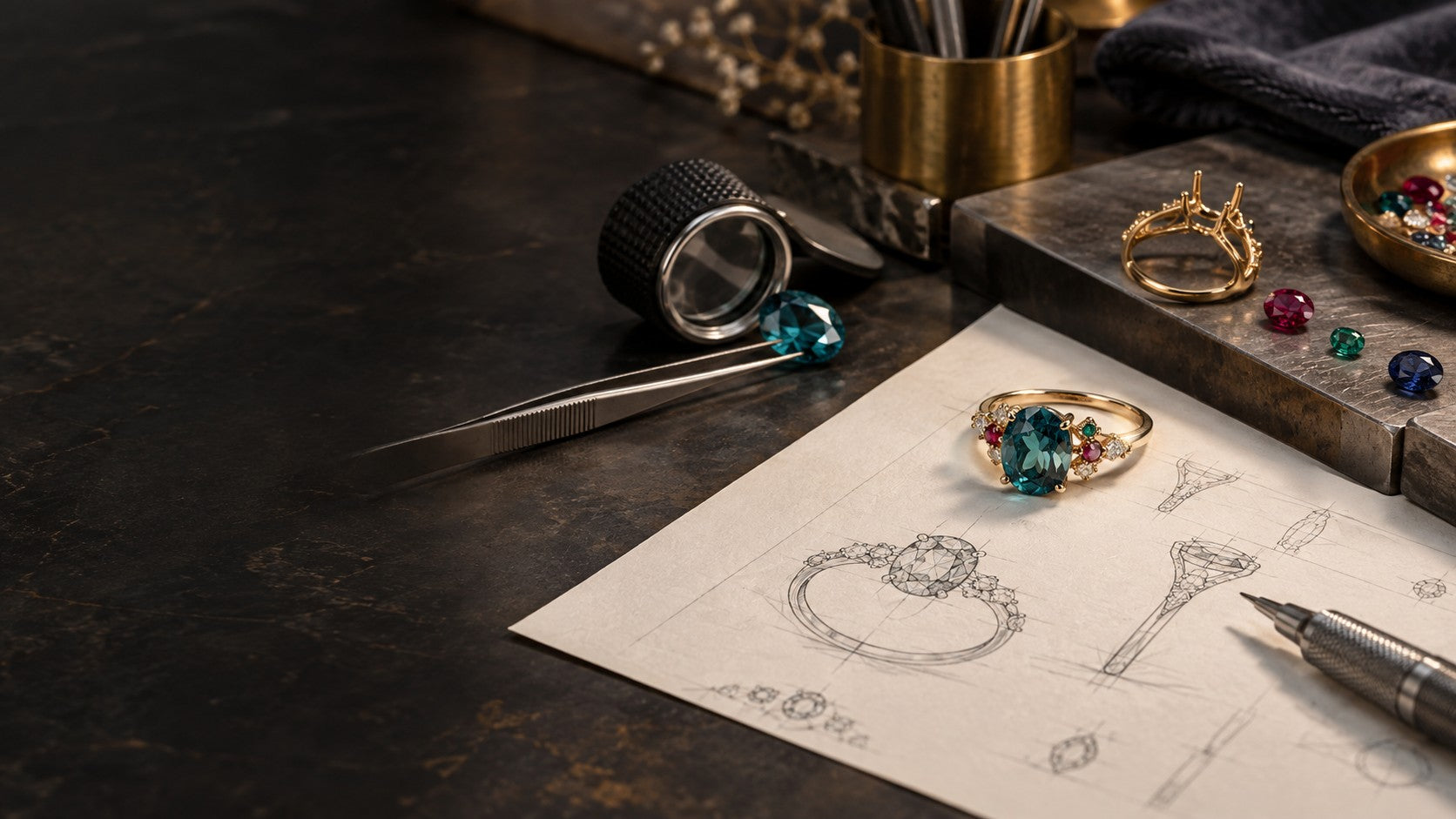 Gemstone sourcing and jewelry design worktable with a loupe, setting and designer sketches